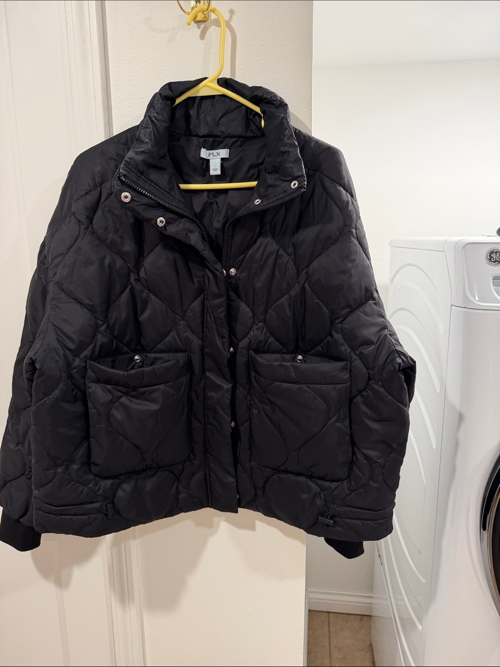 Black Quilted Puffer Jacket with Front Patch Pockets - Women's